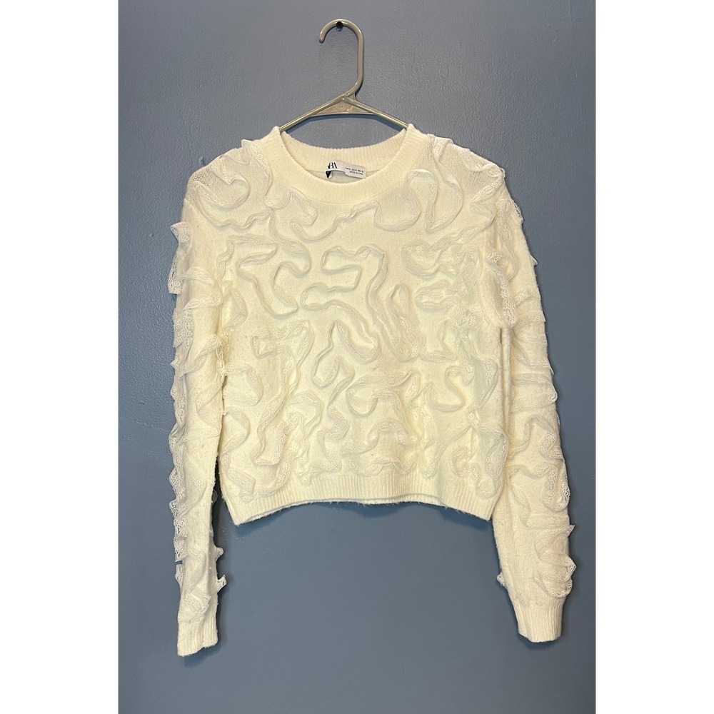 Zara Womens Lace Ribbon Ruffle Knit Sweater Small Ivory Cream Textured Cropped